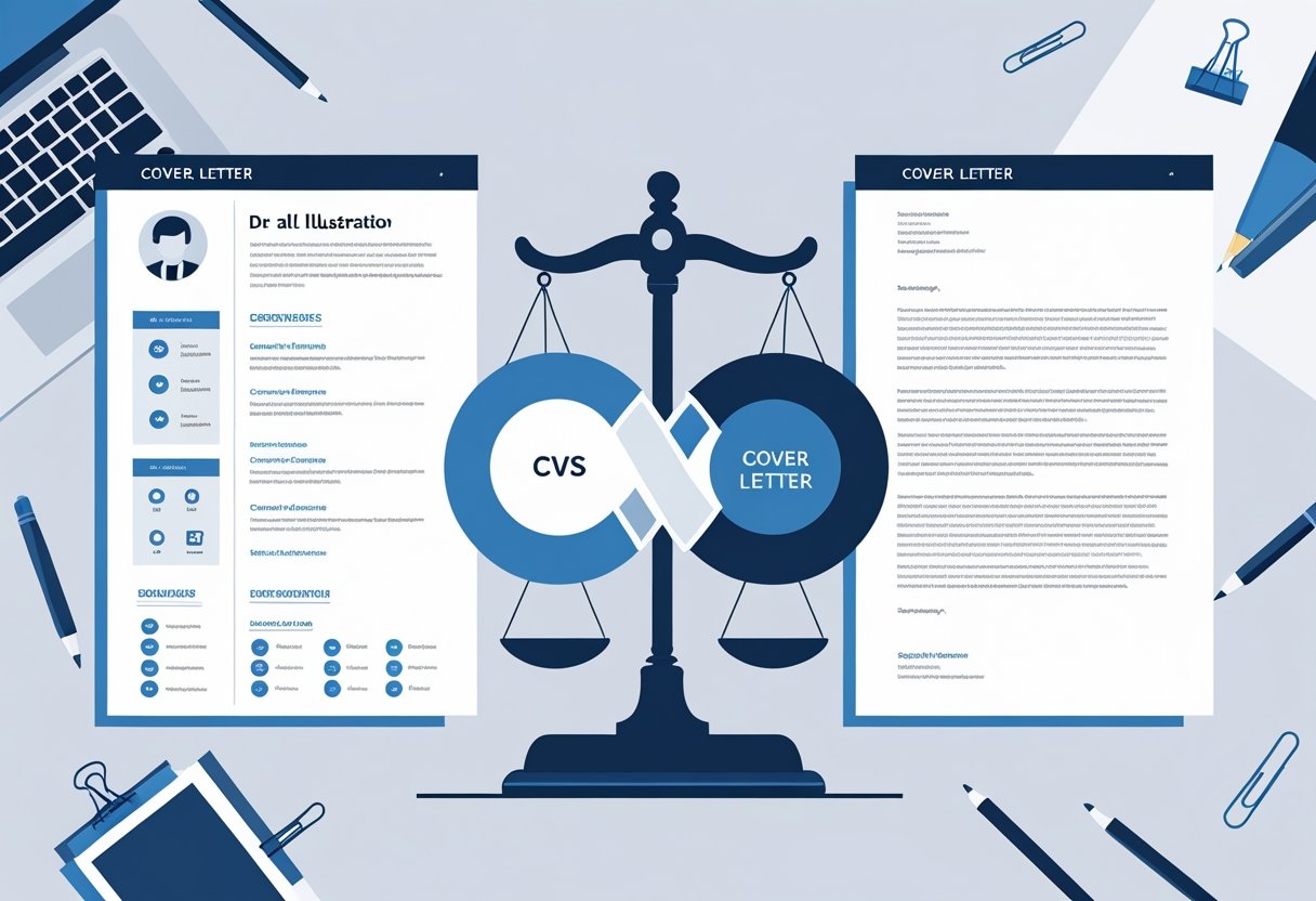 CV vs Cover Letter: Differences, Similarities & Which One to Use for Your Job Application 2 An illustration showing a CV and a cover letter side by side with a Venn diagram highlighting their shared and unique features in a clean office setting.