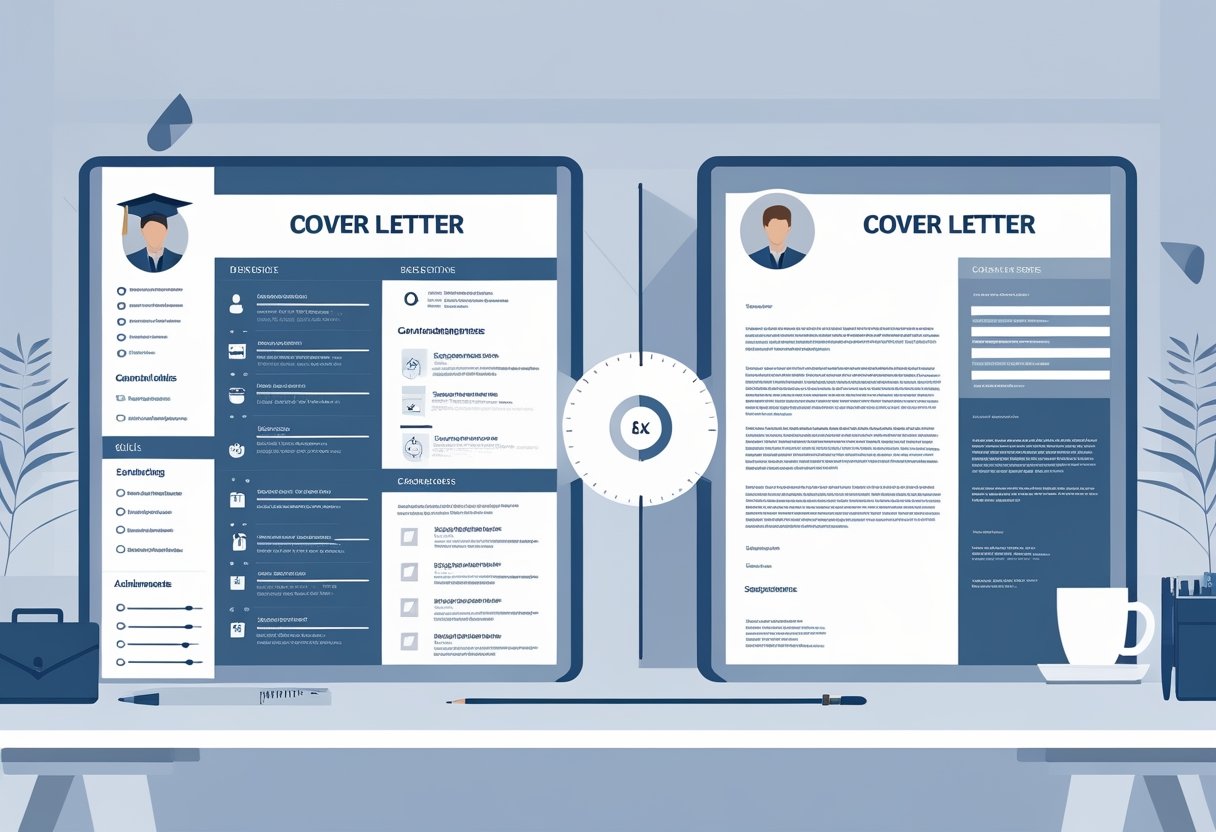 CV vs Cover Letter: Differences, Similarities & Which One to Use for Your Job Application 3 A side-by-side illustration comparing a CV with sections like education and work experience, and a cover letter showing a formal letter layout, with icons representing their components and a balanced scale between them.