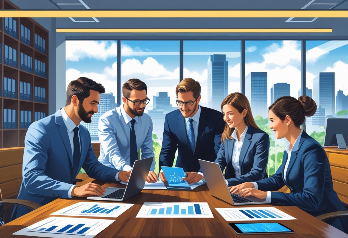 Four auditors in business attire working together around a conference table in a modern office with city views.