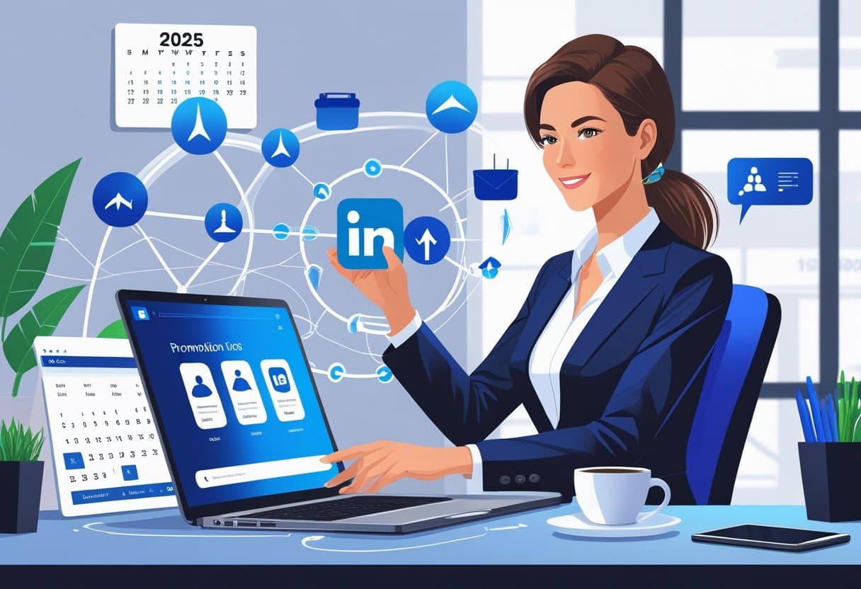 How (and When) to Add Your 2025 Promotions to Your LinkedIn Profile for Maximum Impact 2 A businesswoman updating her LinkedIn profile on a laptop in a modern office, surrounded by icons and symbols representing career growth and networking.