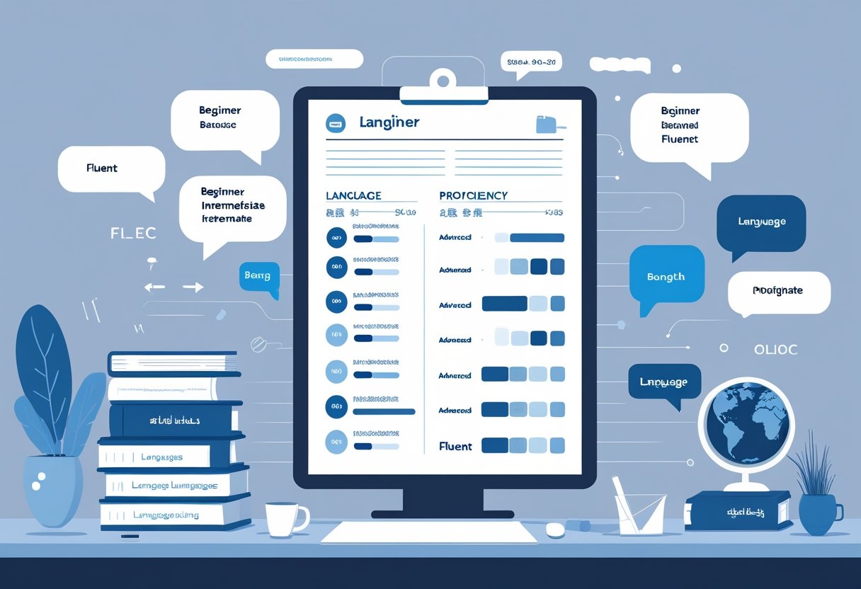 Language Skills on Resume: How to Explain Proficiency & Fluency Effectively 2 A desk with a resume showing language skill levels using progress bars, surrounded by speech bubbles, books, and a globe.