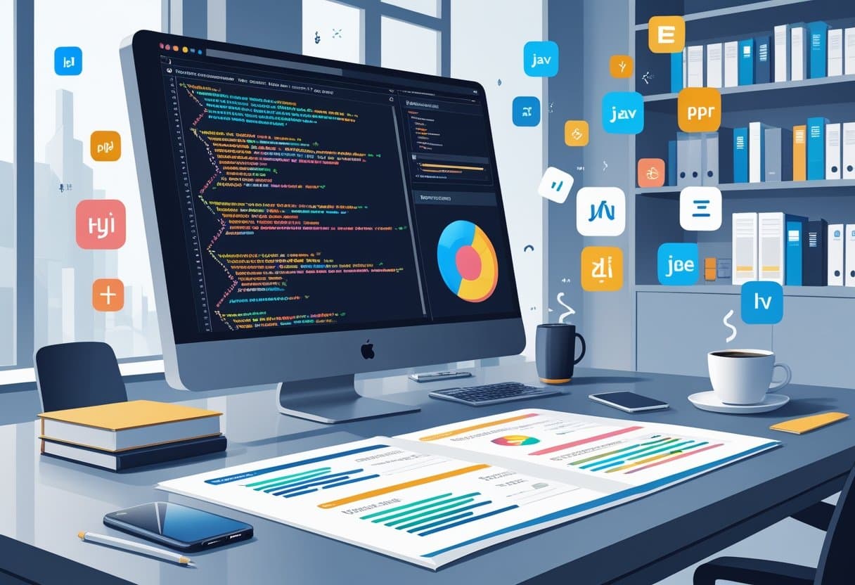 Language Skills on Resume: How to Explain Proficiency & Fluency Effectively 4 A workspace with a computer showing programming code, icons of programming languages floating nearby, and a resume highlighting language skills on the desk.