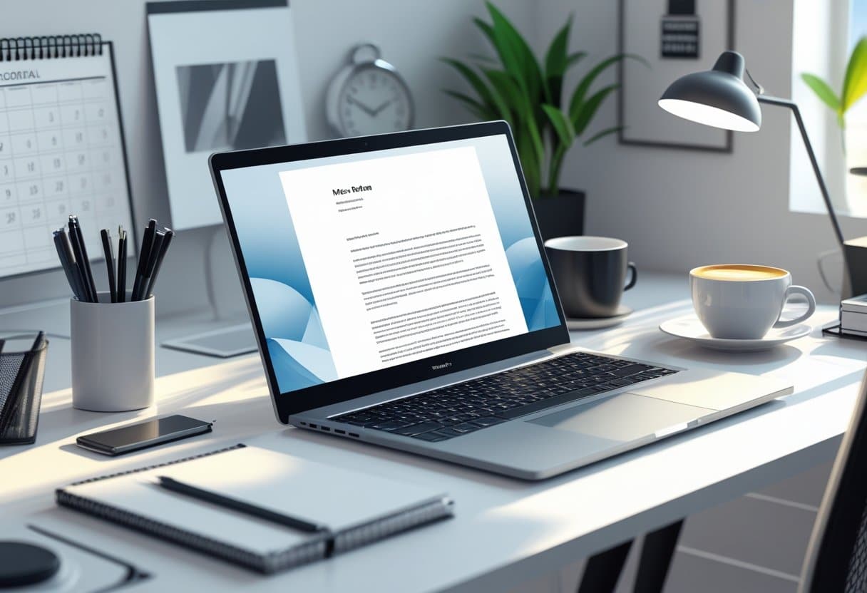 Professional FREE Cover Letter Templates by RoboApply – Easily Impress Employers with Expert Designs 2 A tidy office desk with a laptop showing a cover letter template, surrounded by stationery and a coffee cup.