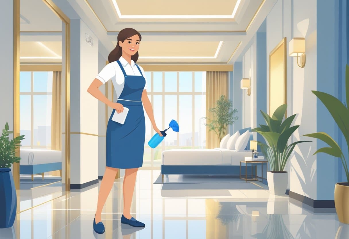 10 Hotel Housekeeping Resume Examples & Guide for 2025: Expert Tips for a Standout Application 1 A hotel housekeeper in uniform holding cleaning tools standing in a clean hotel corridor with neatly made beds and polished floors.