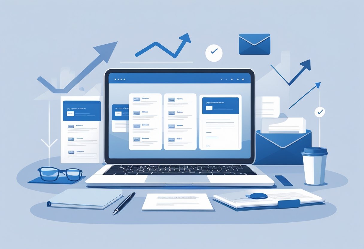 Professional FREE Cover Letter Templates by RoboApply – Easily Impress Employers with Expert Designs 3 A workspace with a laptop showing cover letter templates on the screen, surrounded by office supplies and icons symbolizing career growth.