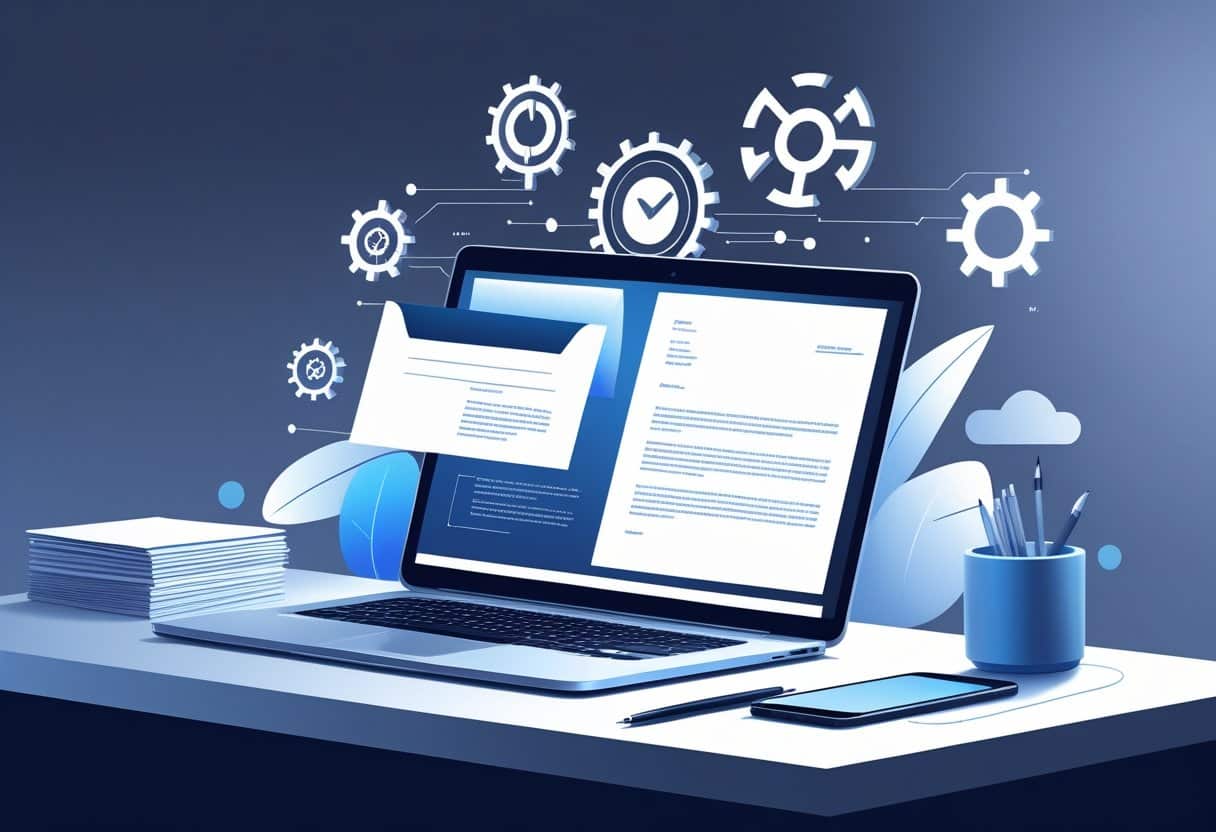 Professional FREE Cover Letter Templates by RoboApply – Easily Impress Employers with Expert Designs 4 A clean office desk with a laptop showing a cover letter template, surrounded by papers and a smartphone, with subtle icons representing technology in the background.