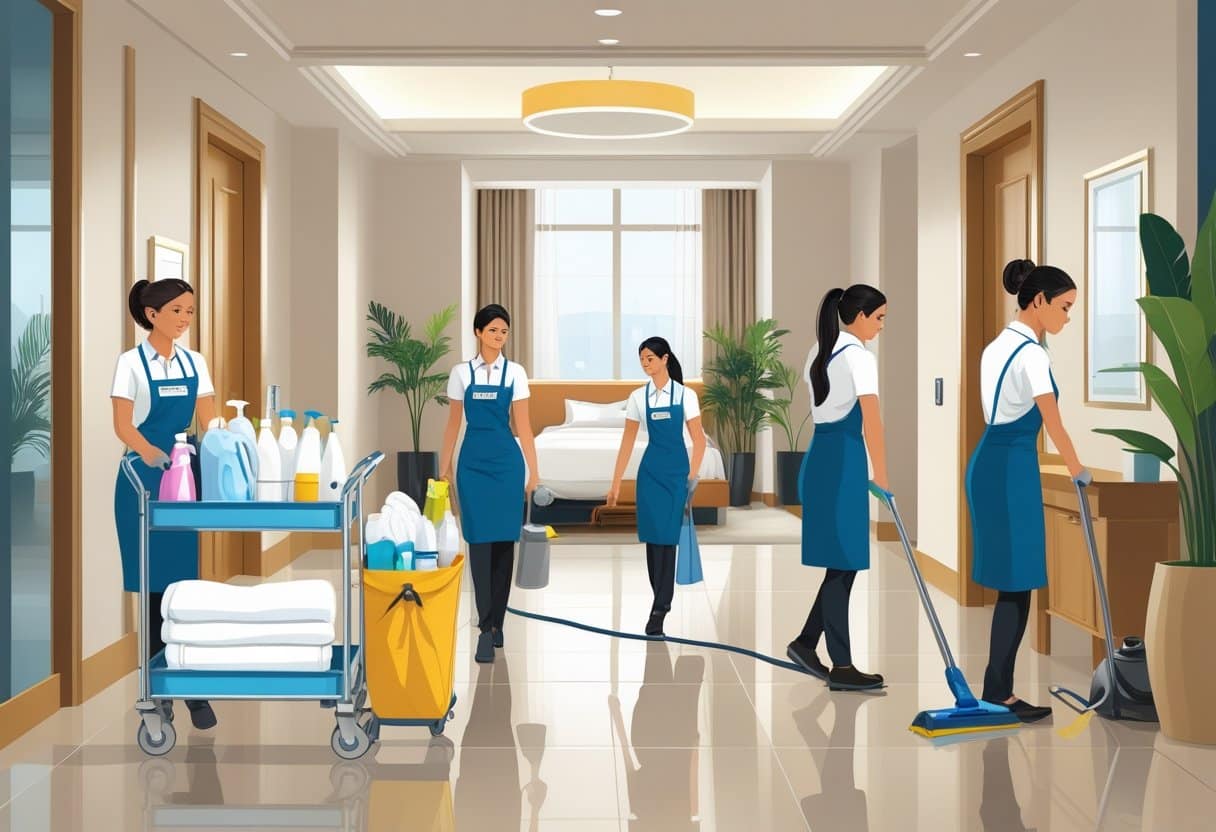 10 Hotel Housekeeping Resume Examples & Guide for 2025: Expert Tips for a Standout Application 2 Hotel housekeepers working in a clean hotel corridor and room, performing tasks like making beds, vacuuming, and pushing a cleaning trolley.