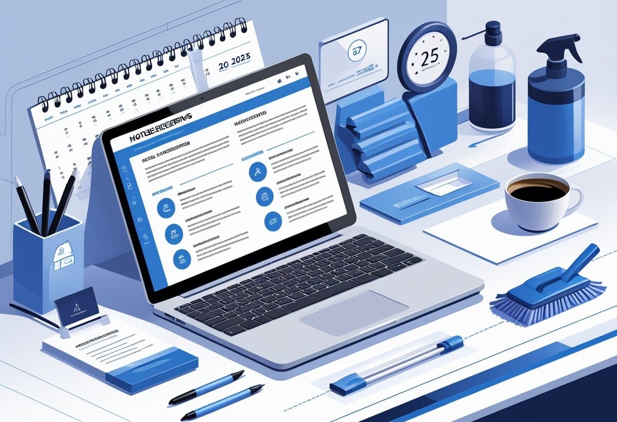 10 Hotel Housekeeping Resume Examples & Guide for 2025: Expert Tips for a Standout Application 3 A workspace with a laptop showing a housekeeping resume template, surrounded by stationery and hotel cleaning icons, symbolizing resume preparation for hotel housekeeping jobs.