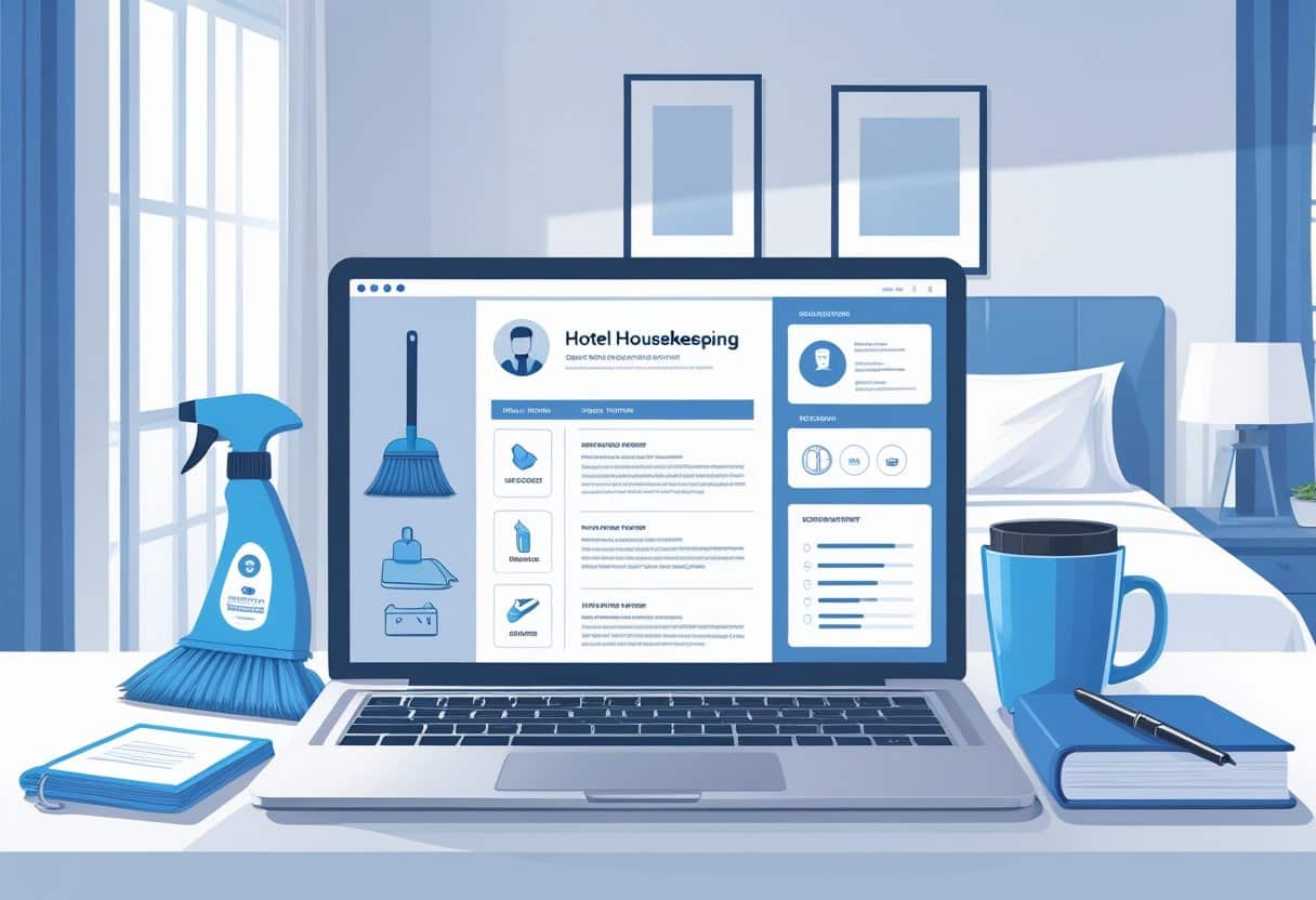 10 Hotel Housekeeping Resume Examples & Guide for 2025: Expert Tips for a Standout Application 4 A tidy desk with a laptop showing a resume layout, surrounded by stationery, with a clean hotel room visible in the background.