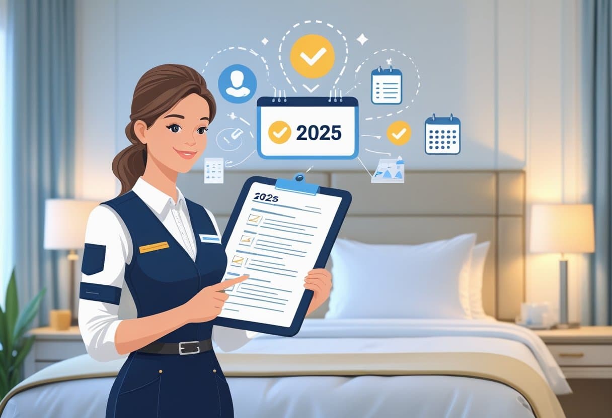 10 Hotel Housekeeping Resume Examples & Guide for 2025: Expert Tips for a Standout Application 5 A hotel housekeeper in uniform holding a clipboard in a clean, modern hotel room with a neatly made bed and icons representing resumes and checklists around them.