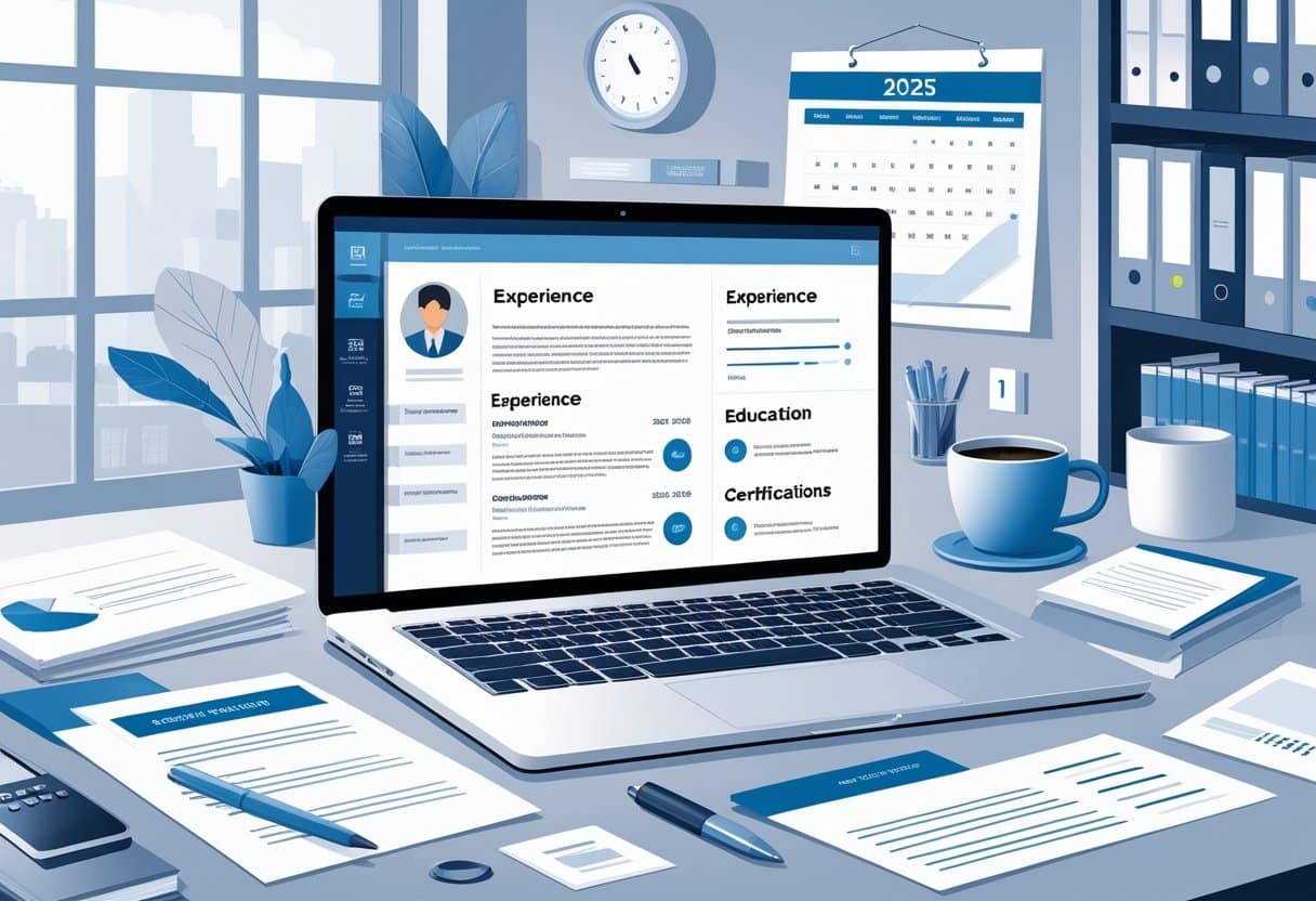 21 Accounts Payable Resume Examples & Guide for 2025: Essential Tips for Landing Your Next Job 3 A tidy office desk with a laptop showing a resume layout, calculator, documents, and a calendar marked 2025 in the background.