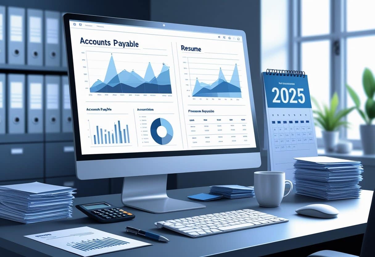 21 Accounts Payable Resume Examples & Guide for 2025: Essential Tips for Landing Your Next Job 4 A modern office desk with a computer showing financial charts and a digital resume layout, surrounded by accounting tools and a calendar displaying the year 2025.