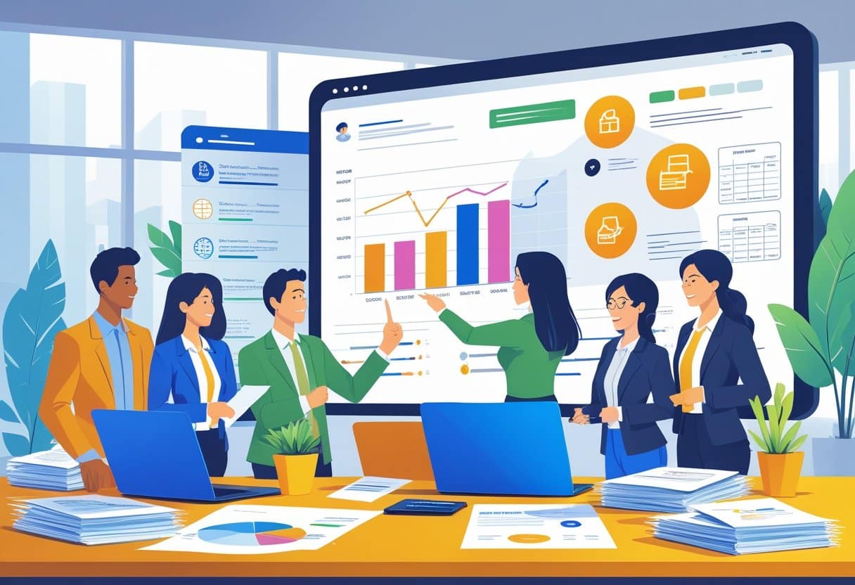 21 Accounts Payable Resume Examples & Guide for 2025: Essential Tips for Landing Your Next Job 5 A group of business professionals working together around a desk with documents and laptops, discussing financial data in an office setting.