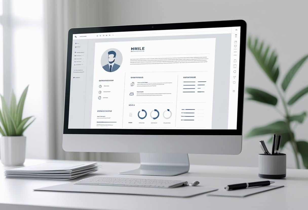 Modern Resume Templates for 2025 | PDF & TXT Formats to Elevate Your Job Application 1 A clean workspace with a desktop computer showing a modern resume template, surrounded by organized papers and a small plant in a bright office setting.