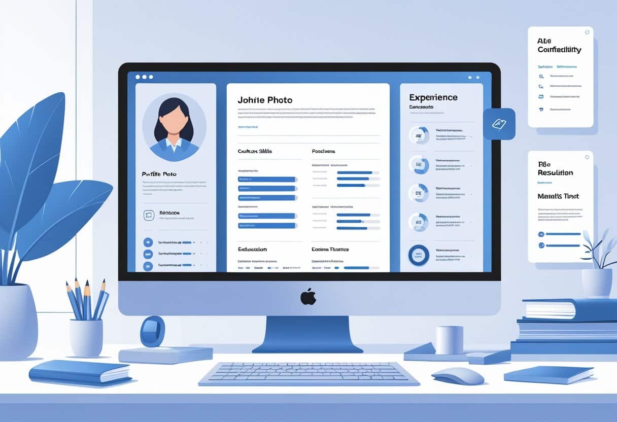 Modern Resume Templates for 2025 | PDF & TXT Formats to Elevate Your Job Application 2 A digital workspace showing a modern resume layout on a computer screen with icons representing file formats and design elements in a clean office environment.