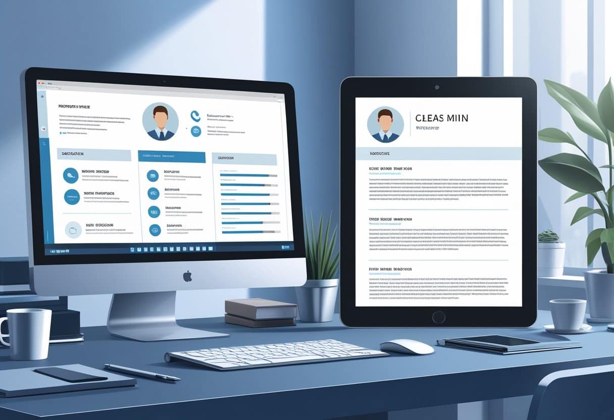 Modern Resume Templates for 2025 | PDF & TXT Formats to Elevate Your Job Application 3 A workspace with a computer and tablet displaying two different resume templates side by side, surrounded by office items like a plant, coffee cup, and stationery.