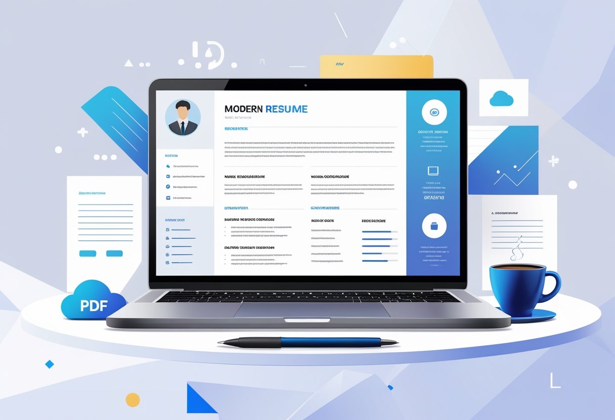 Modern Resume Templates for 2025 | PDF & TXT Formats to Elevate Your Job Application 4 A workspace with a laptop showing a modern resume template on screen, surrounded by icons representing online tools and documents, along with a notepad, pen, and coffee cup.