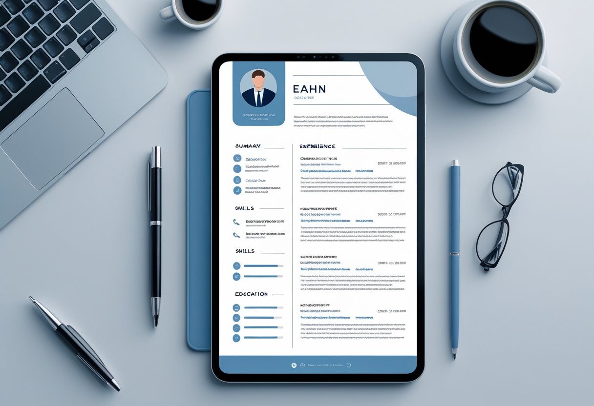 Modern Resume Templates for 2025 | PDF & TXT Formats to Elevate Your Job Application 5 A modern resume layout displayed on a digital device on a tidy desk with office items around it.