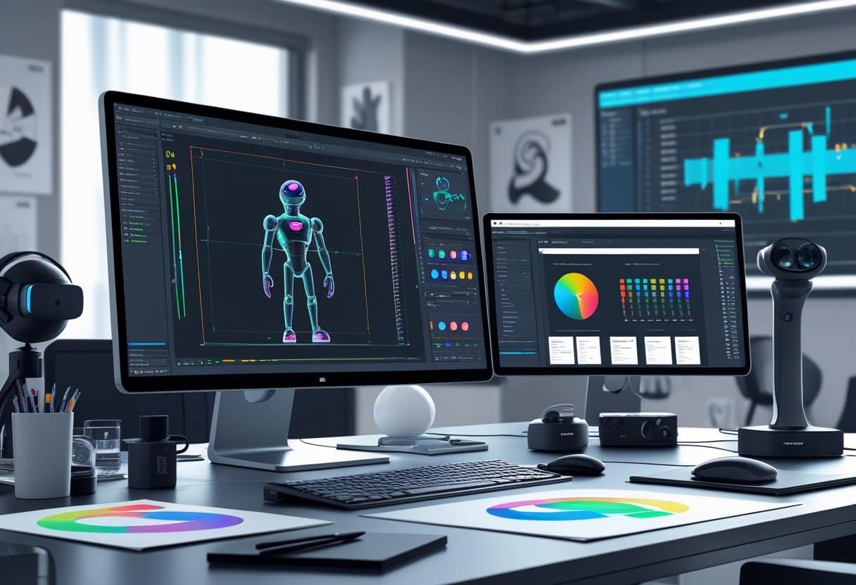 10 Animator Resume Examples - January 2025: Proven Templates for Your Next Application 4 A modern animator's workspace with a computer showing a 3D character rig, digital tablets, VR equipment, sketches, and holographic screens displaying animation tools.