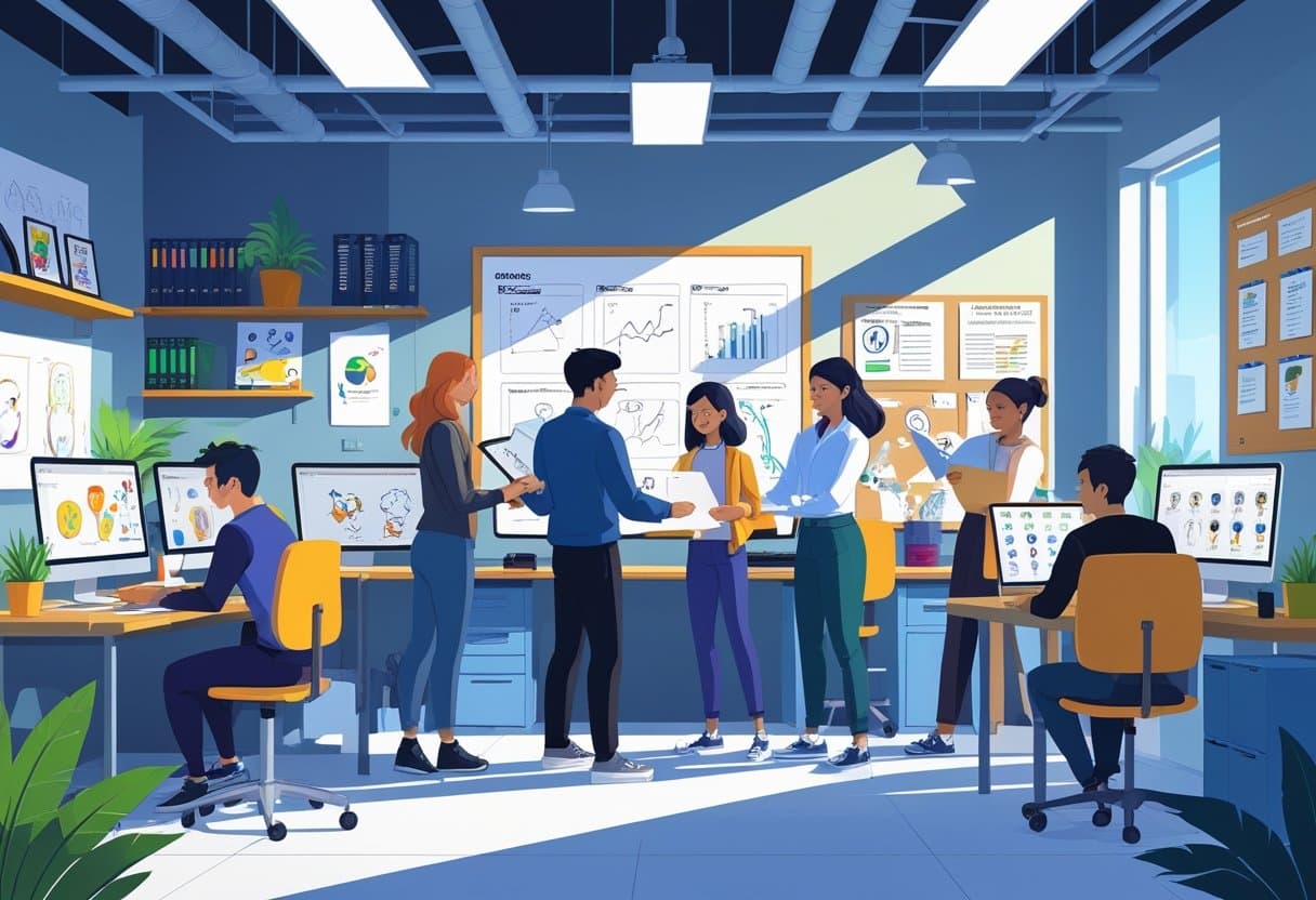 10 Animator Resume Examples - January 2025: Proven Templates for Your Next Application 5 A group of animators working together in a studio with computers, drawing tablets, storyboards, and educational materials, engaging in career development activities.
