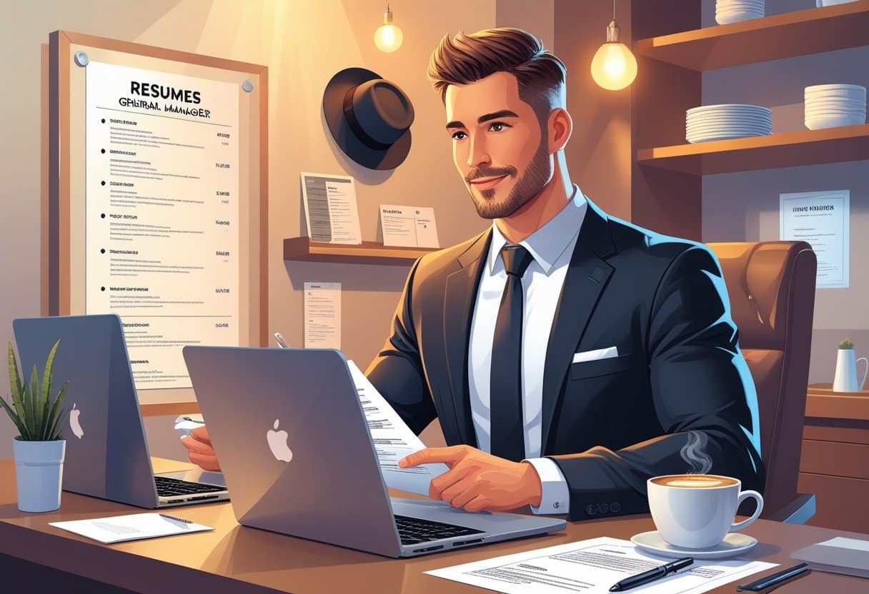 A restaurant general manager in business attire reviewing resumes at a desk with a laptop and coffee, with restaurant-related items in the background.