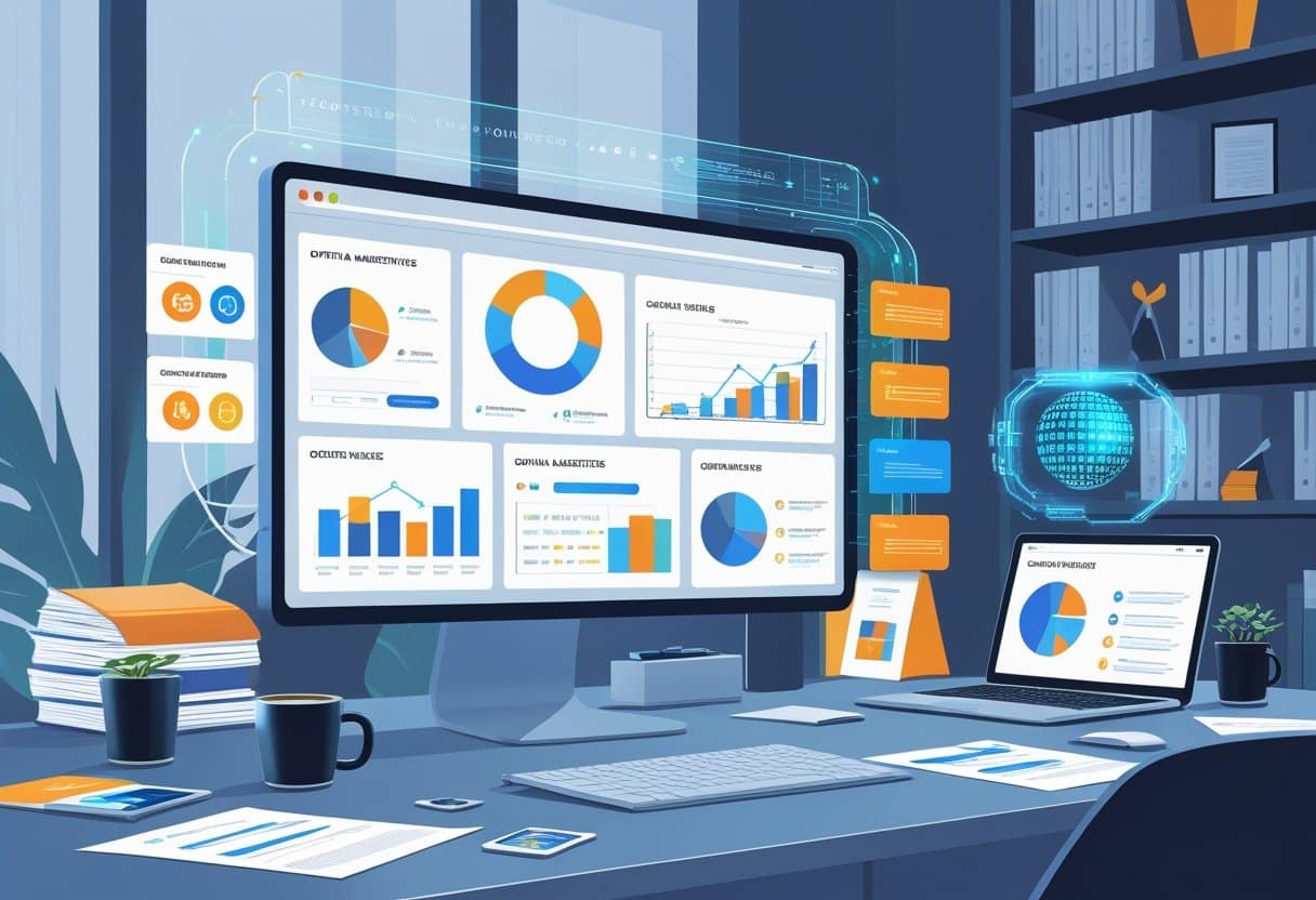 26 Digital Marketing Resume Examples & Guide for 2025: Sample Templates and Writing Tips 5 A modern workspace with a computer showing digital marketing charts and resume templates, surrounded by documents, a smartphone with social media icons, and a bookshelf with marketing books.