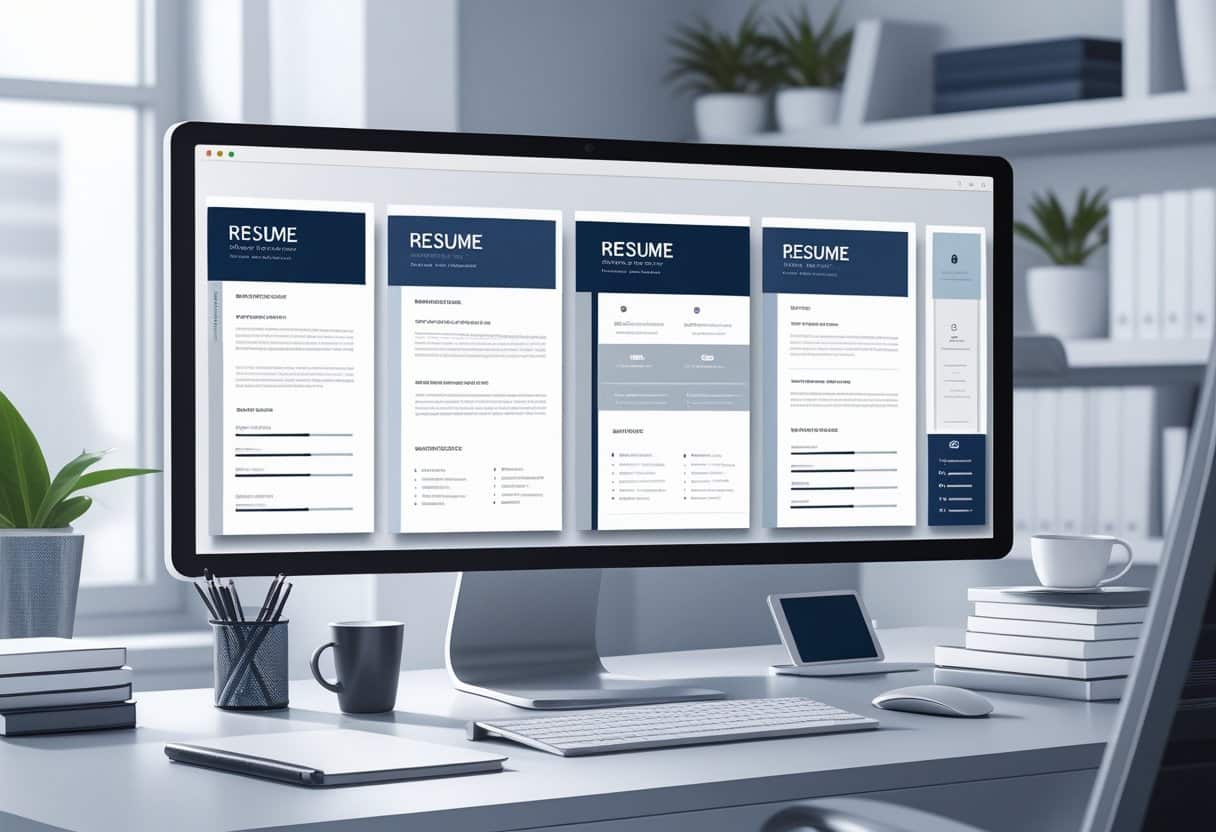 Corporate Resume Templates: Professional Designs for Modern Job Seekers 1 A modern office desk with a computer displaying multiple clean and organized resume templates, surrounded by office supplies and natural light.