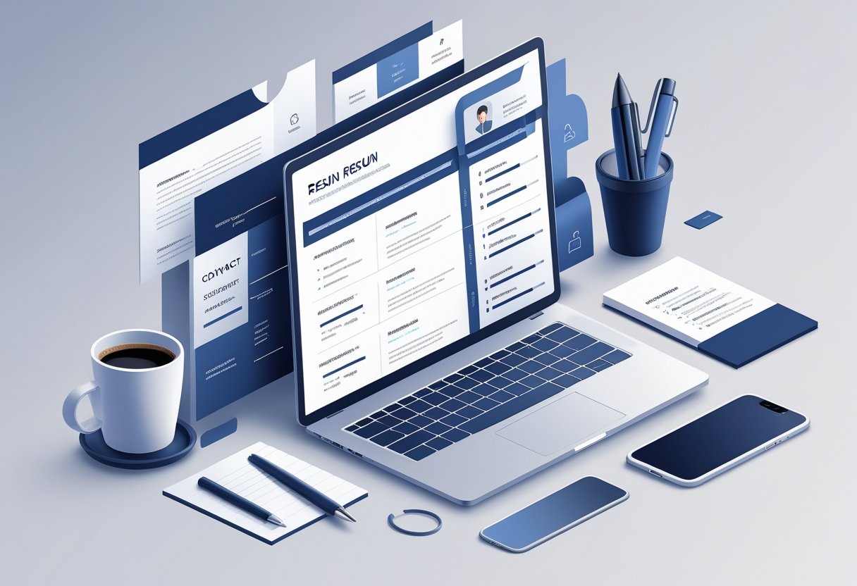 Corporate Resume Templates: Professional Designs for Modern Job Seekers 2 An organized workspace with a laptop showing a structured resume layout, surrounded by office items like a coffee cup, pen, notepad, and smartphone.