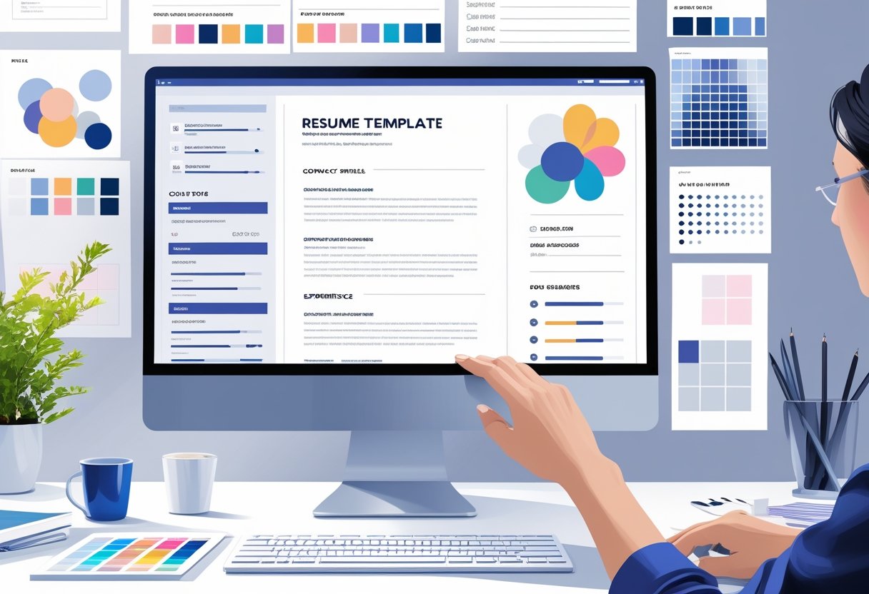 Corporate Resume Templates: Professional Designs for Modern Job Seekers 4 A workspace with a computer showing a resume template being customized, surrounded by design tools and office items.