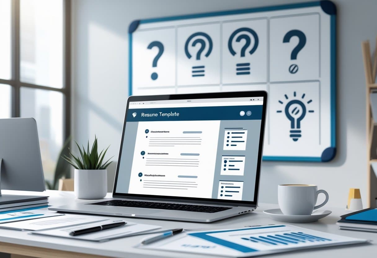 Corporate Resume Templates: Professional Designs for Modern Job Seekers 5 A modern office desk with a laptop showing a resume template, surrounded by documents and office supplies, with icons representing questions and ideas in the background.