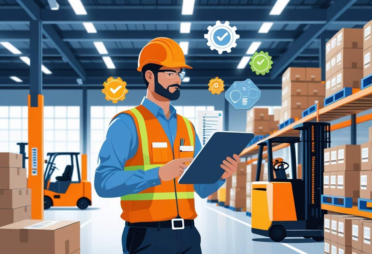 10 Warehouse Supervisor Resume Examples & Guide for 2025: Expert Tips to Land Your Next Role 3 A warehouse supervisor wearing a safety vest and helmet reviews a digital tablet in a well-organized warehouse with stacked pallets, forklifts, and shelves filled with boxes.