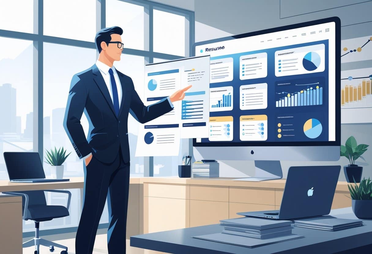 A business director reviewing multiple resume layouts on a digital screen in a modern office with a city view.