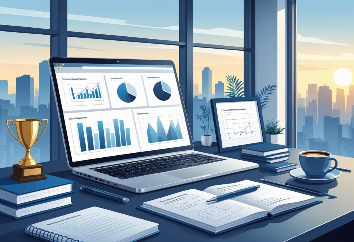 A modern office desk with a laptop, notebook, coffee cup, and leadership symbols, set against a city skyline at sunrise.