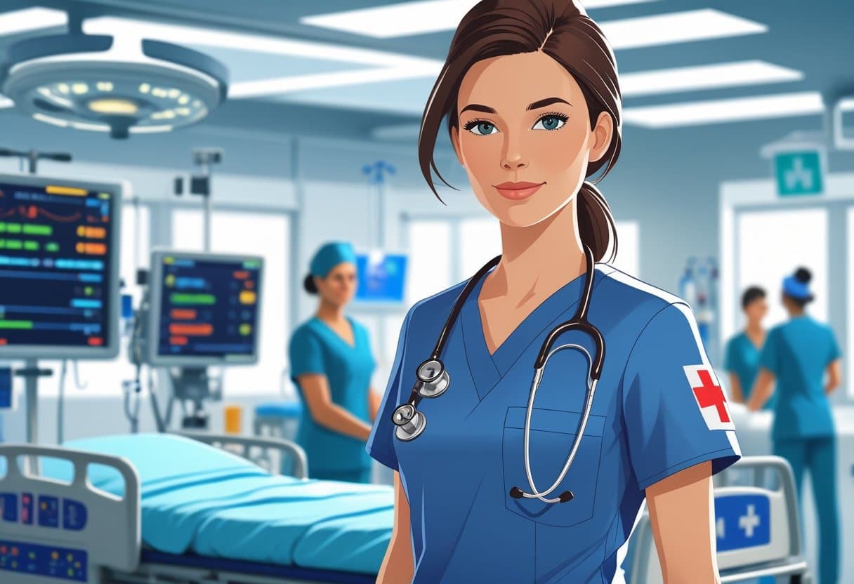 16 ER Nurse Resume Examples With 10/10 Score In 2025: Top Templates and Expert Tips 3 An emergency room nurse standing confidently next to a hospital bed with medical equipment in a busy hospital emergency room.
