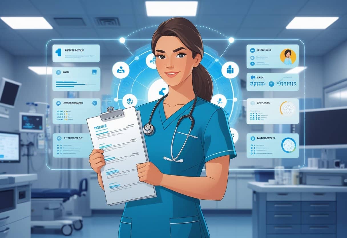 16 ER Nurse Resume Examples With 10/10 Score In 2025: Top Templates and Expert Tips 4 An emergency room nurse holding a clipboard with a digital display of skills and achievements in a hospital setting.