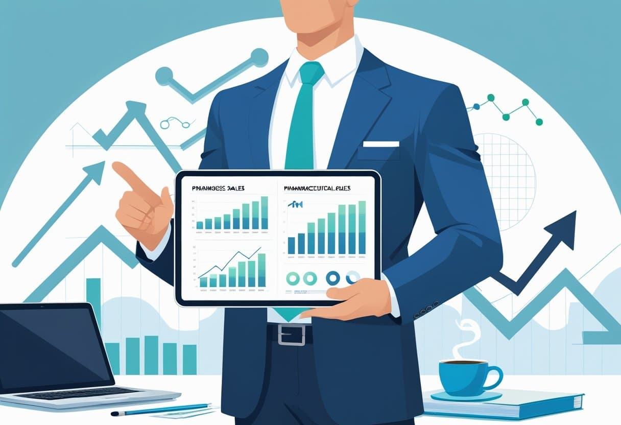 15 Pharmaceutical Sales Resume Examples & Guide for 2025: Proven Templates and Writing Tips 2 A businessperson holding a tablet with charts, standing in a modern office surrounded by symbols of career growth and pharmaceutical elements.