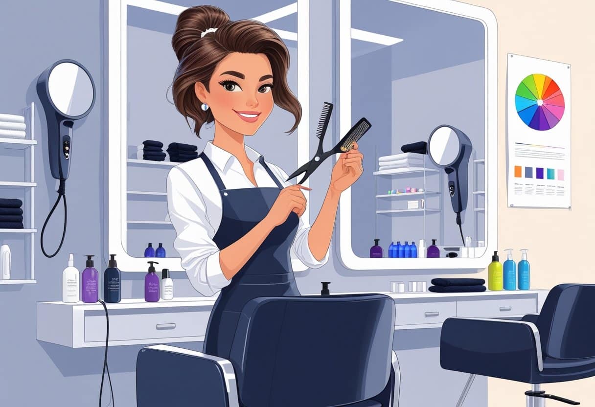 20 Hair Stylist Resume Examples & Guide for 2025: Expert Tips for Standout Applications 4 A hair stylist standing in a salon holding scissors and a comb next to a salon chair with styling tools and hair products in the background.