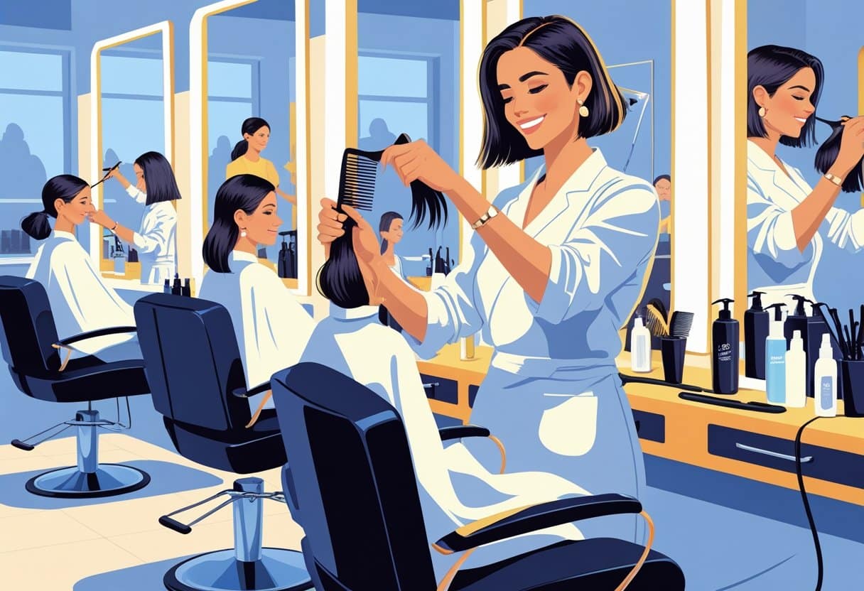 20 Hair Stylist Resume Examples & Guide for 2025: Expert Tips for Standout Applications 5 A hair stylist cutting a client's hair in a busy salon with other clients and stylists working in the background.
