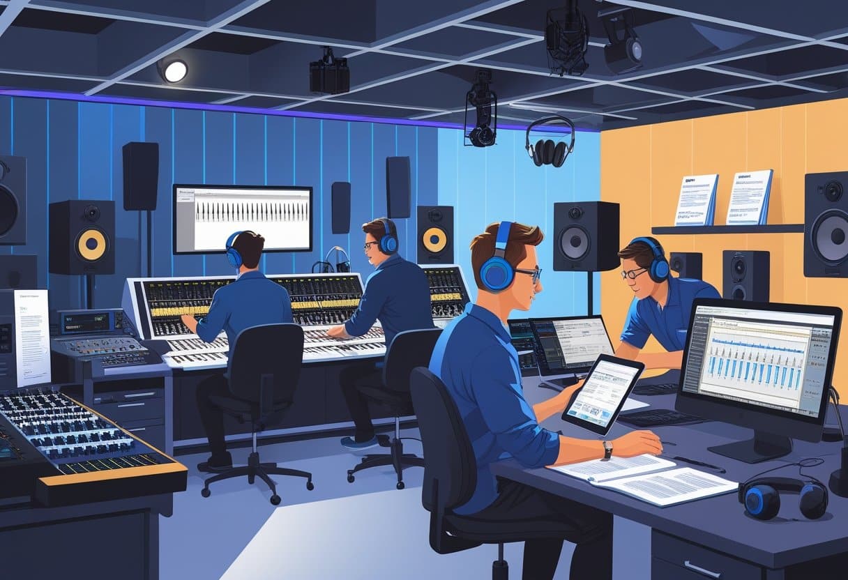 20 Audio Engineer Resume Examples & Guide for 2025: Templates, Tips, and Expert Writing Advice 2 A group of audio engineers working in a recording studio with mixing consoles, computers, headphones, and certification documents.