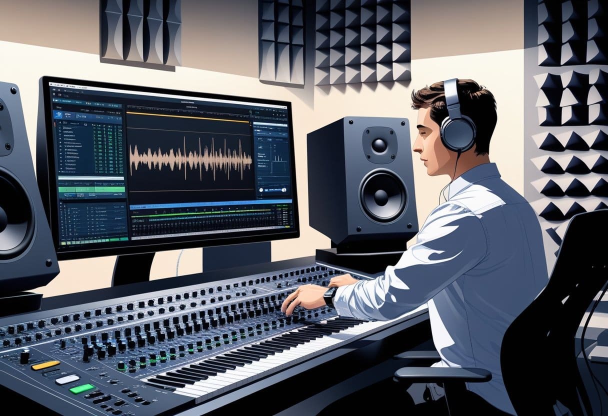 20 Audio Engineer Resume Examples & Guide for 2025: Templates, Tips, and Expert Writing Advice 4 An audio engineer working at a mixing console with studio monitors and a computer displaying audio waveforms in a soundproofed studio.