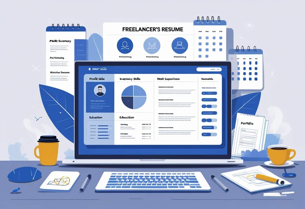 25 Freelancer Resume Examples - May 2025: Proven Templates for Every Skill Set 3 A workspace with a laptop showing a neatly organized freelancer resume layout, surrounded by icons representing various freelance skills and a calendar marked May 2025.