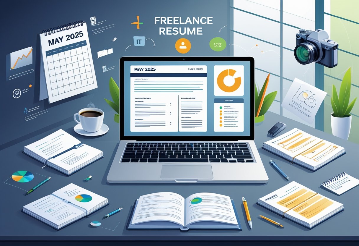 25 Freelancer Resume Examples - May 2025: Proven Templates for Every Skill Set 4 A workspace with a laptop, notebooks, coffee cup, and floating icons representing different freelance professions, with a calendar showing May 2025 in the background.