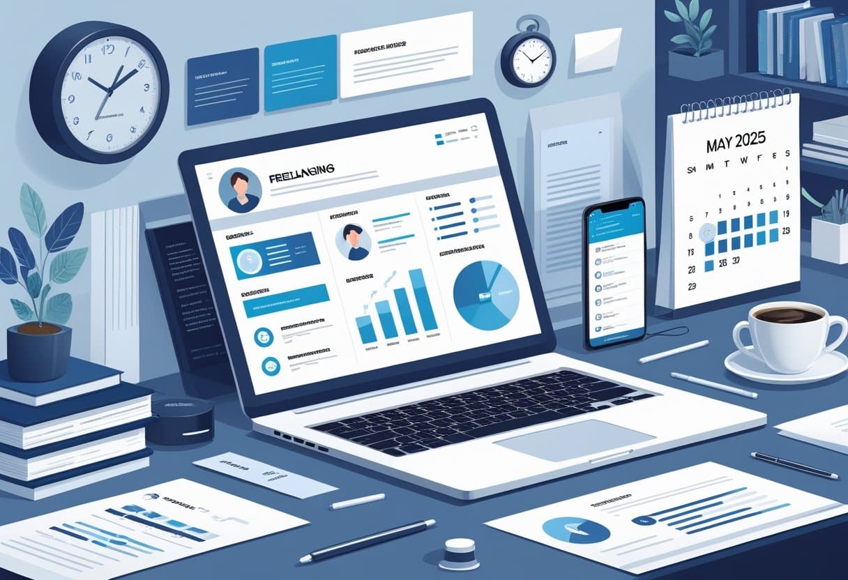 25 Freelancer Resume Examples - May 2025: Proven Templates for Every Skill Set 5 A modern workspace with a laptop showing a resume template, surrounded by documents, a coffee cup, a smartphone, and a calendar marked May 2025.