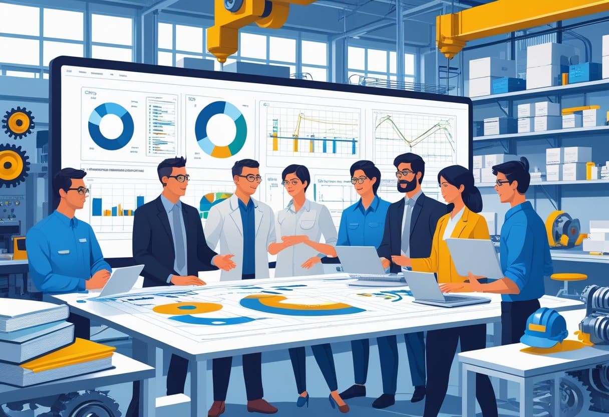 21 Industrial Engineer Resume Examples & Guide for 2025: Expert Tips for Landing Top Jobs 2 A group of engineers working together around a table with blueprints and digital devices in a bright office filled with engineering tools and machinery diagrams.