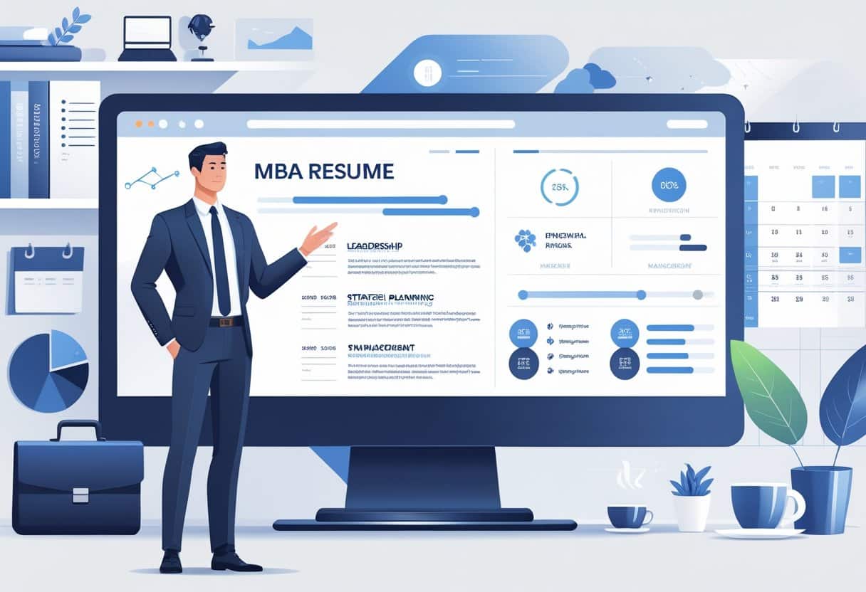 How to Put an MBA On Your Resume Tips for Effective Placement and Presentation 2 A business professional standing next to a large digital resume highlighting MBA skills and work experience in a modern office setting.