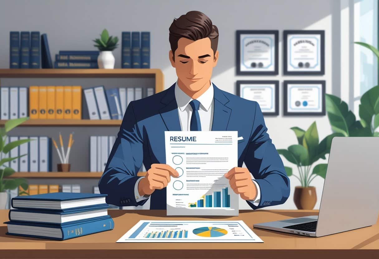 How to Put an MBA On Your Resume Tips for Effective Placement and Presentation 3 A business professional in an office reviewing a resume and MBA diploma on a desk surrounded by books, a laptop, and certificates.