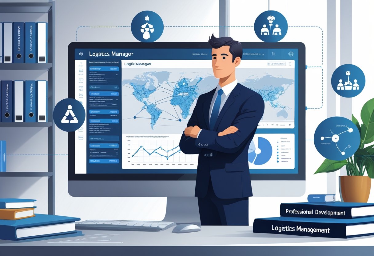 10 Logistic Manager Resume Examples & Guide for 2025: Expert Tips for Landing Your Next Role 3 A logistic manager in business attire stands in an office, reviewing digital charts and maps related to logistics, surrounded by icons symbolizing skills and professional growth.