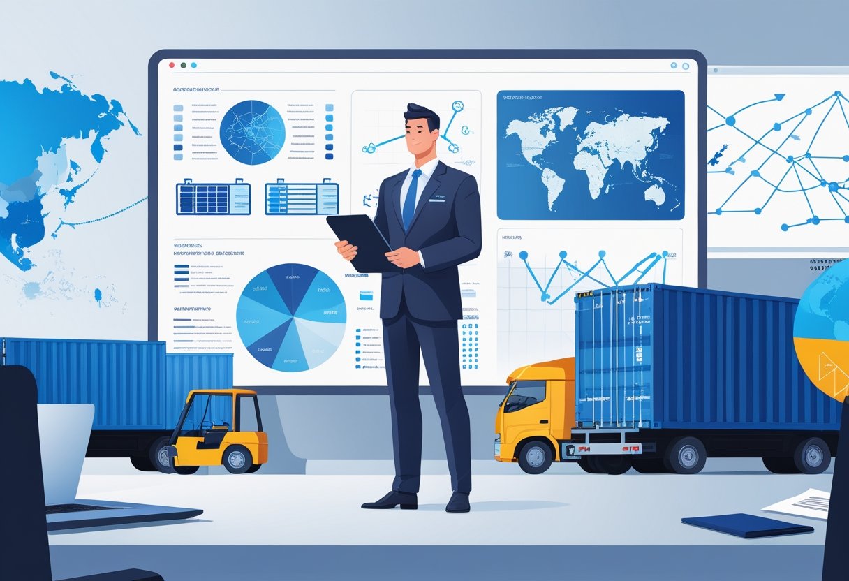 10 Logistic Manager Resume Examples & Guide for 2025: Expert Tips for Landing Your Next Role 5 A logistic manager in business attire analyzes logistics data on a digital screen surrounded by delivery trucks, shipping containers, and a world map with connected routes in a modern office.