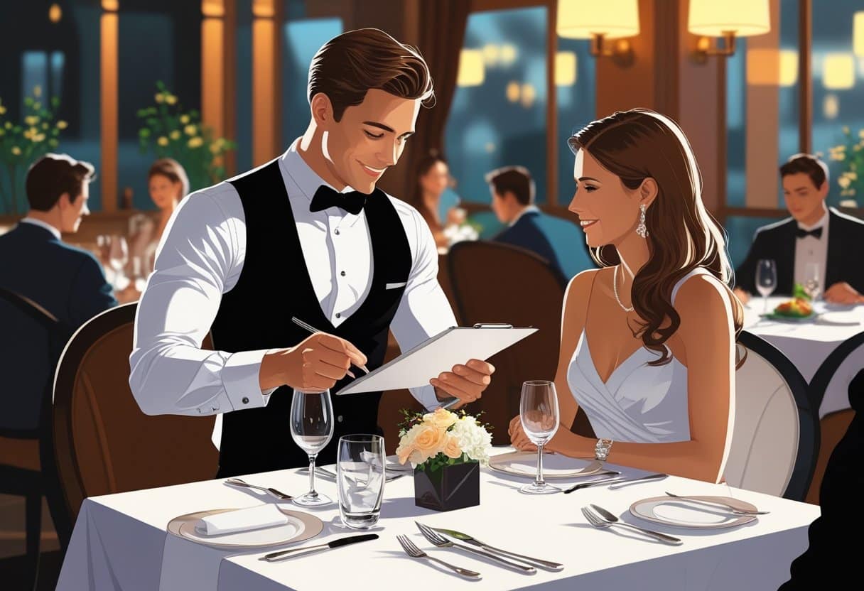 A server in formal attire taking an order from a couple seated at a table in an elegant restaurant.