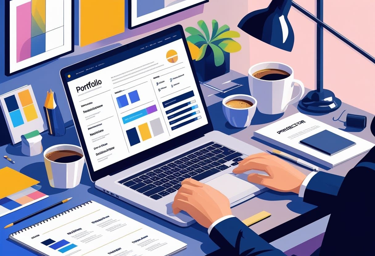 10 Art Director Resume Examples - May 2025: Modern Templates and Expert Tips 2 A workspace with a laptop showing a well-organized resume layout, surrounded by design tools, sketches, and art supplies.